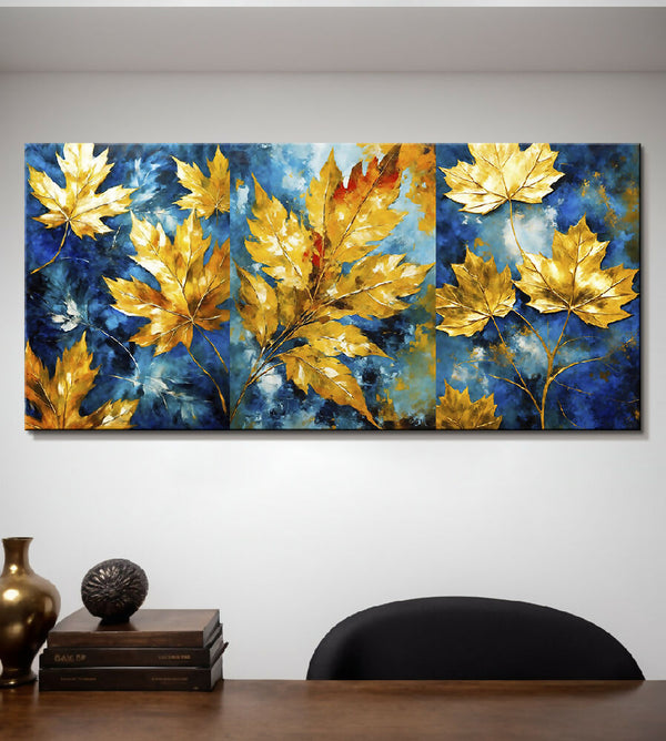 Lienzo Arte Abstracto Estilo Óleo Plantas Dorado Y Azul 118x55cm