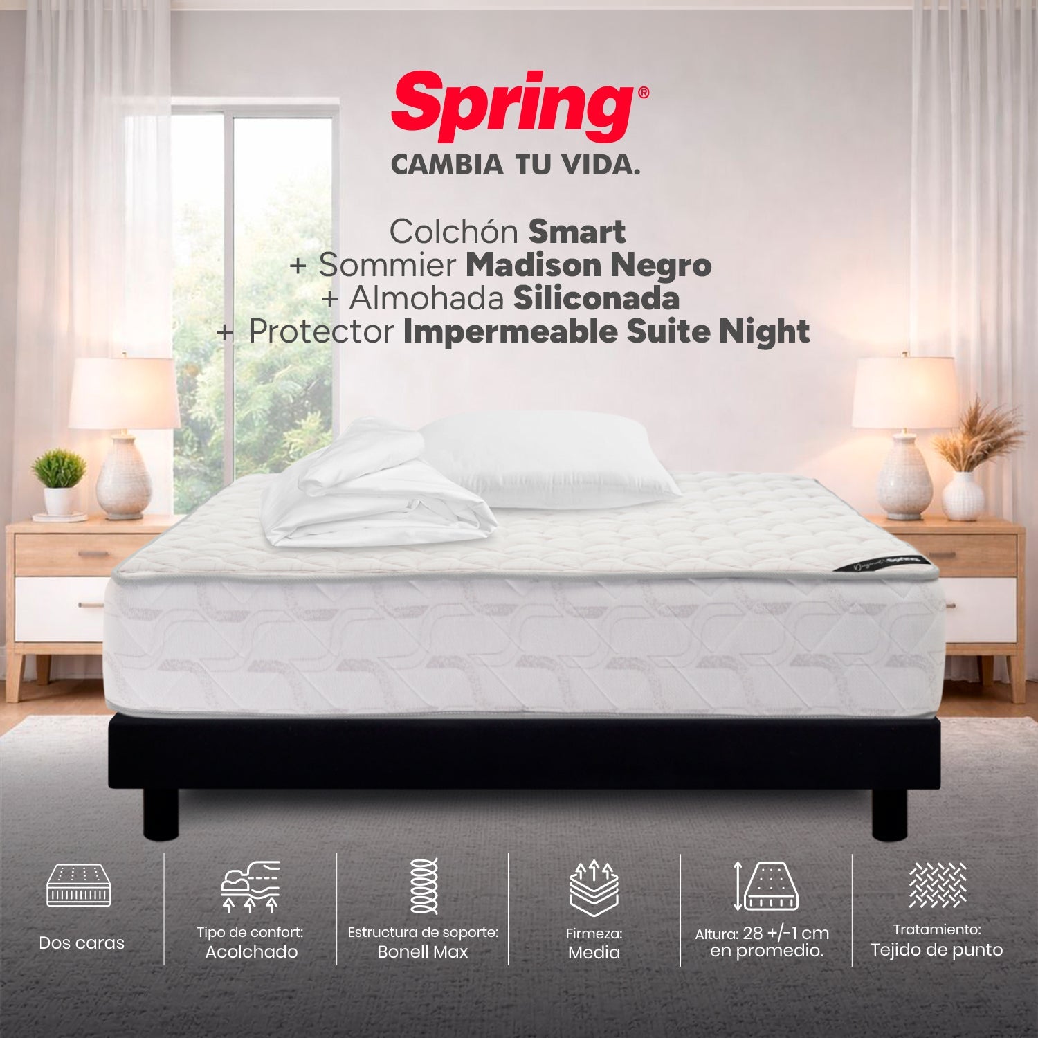 Combo Colchón Spring Smart Sencillo 100X190 Cm + Base Cama Negra + Alm ...