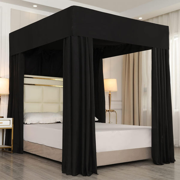 Cortinas de cama con poste de cuatro esquinas color negro, toldo transparente