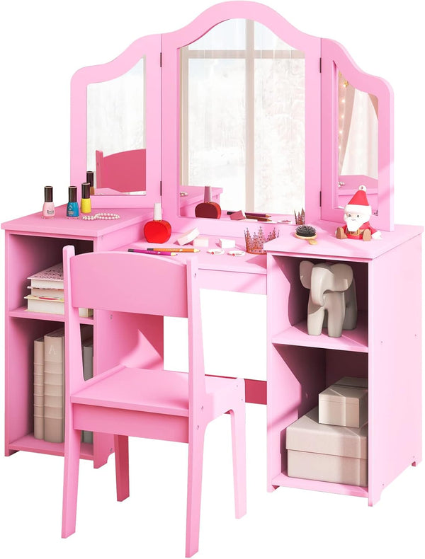 Costzon Escritorio y silla de maquillaje de princesa 2 en 1 para niños con...