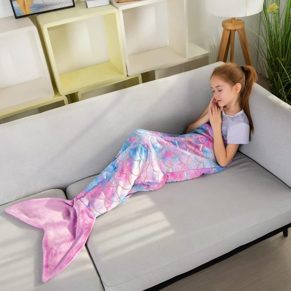 Mermaid Tail Blankets Glittering Wearable Cute Cozy Soft Flannel Rainbow