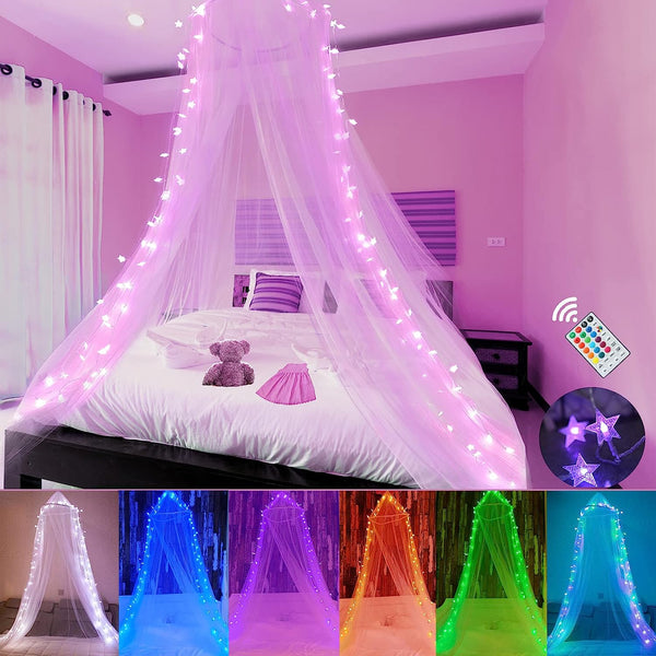 Obrecis Toldo de cama con luces LED de estrella, cortina de cama con 18 colores