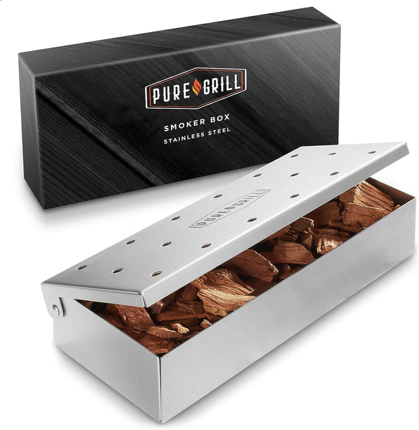 Pure Grill Caja de ahumador para barbacoa, acero inoxidable resistente con tapa...