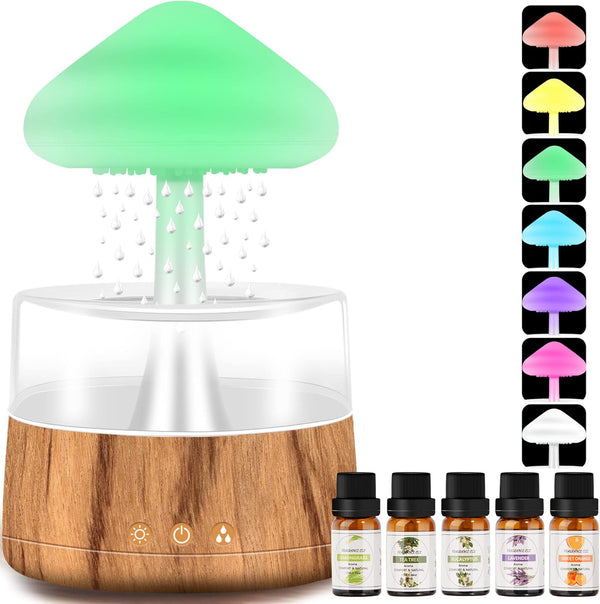 Humidificador de lluvia con 5 aceites esenciales, humidificador de hongos con 7...