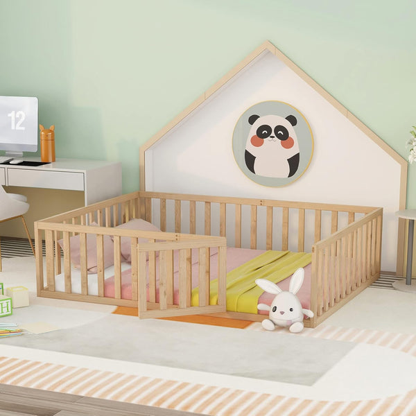 SOFTSEA Marco de cama de suelo con valla, marco de cama Montessori Queen para...