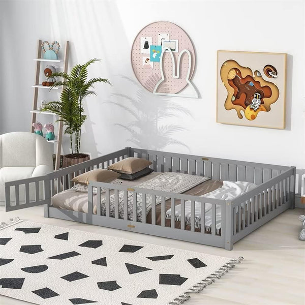 Cama de suelo tamaño Queen, marco de cama Montessori de madera maciza con...