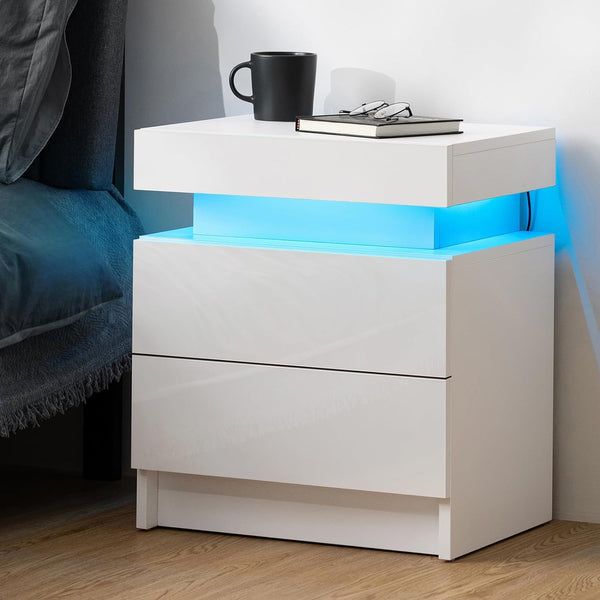 HOMMPA Mesita de noche LED blanca con luces LED, moderna mesita de noche con 2...