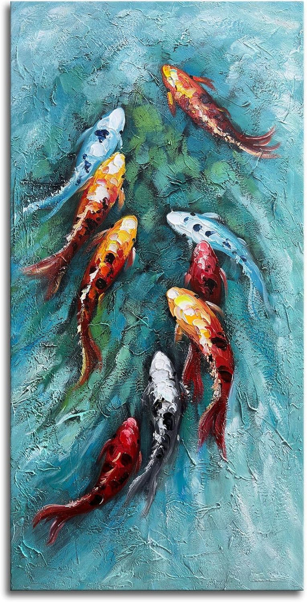 zoinart Oil Painting on Canvas Vertical Wall Art 24x48 Inches 3D Nine Fishes...