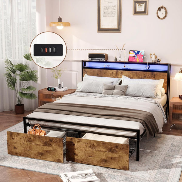 Base de cama de tamaño matrimonial con 2 cajones, plataforma LED resistente con...