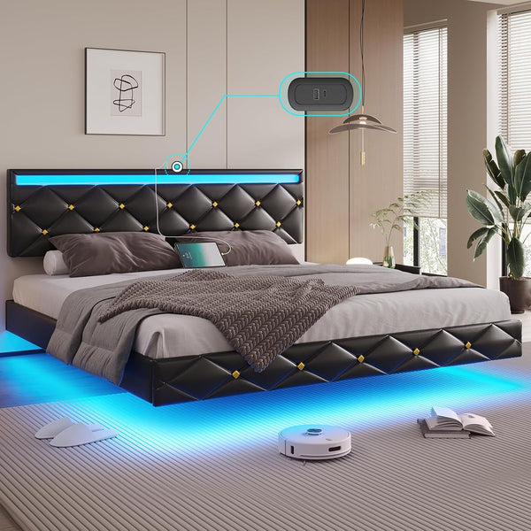 DICTAC Base de cama flotante tamaño King con luces LED y puertos USB,...