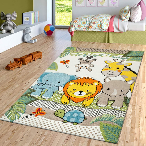 Alfombra infantil con diseño de animales del zoológico, león y elefantes en...