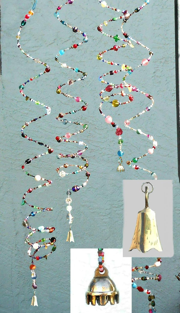 Multicolor Glass Beaded Spiral Suncatcher Brass Bell Wind Chime, Hanging length...