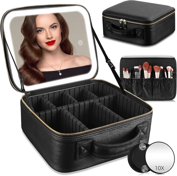 Travel Makeup Bag with Mirror of LED Lighted, Makeup Train Case with Adjustable...