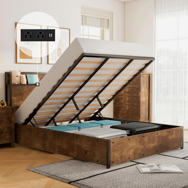 LUXOAK Cama de almacenamiento elevable de tamaño matrimonial, marco de cama de...