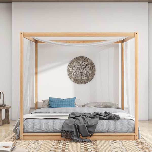 Harper & Bright Designs Cama King con dosel de madera con 4 paneles de póster,...