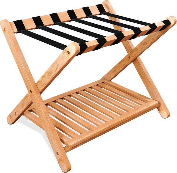 SMIBUY Portaequipajes, soporte plegable de bambú para maleta con estante de...