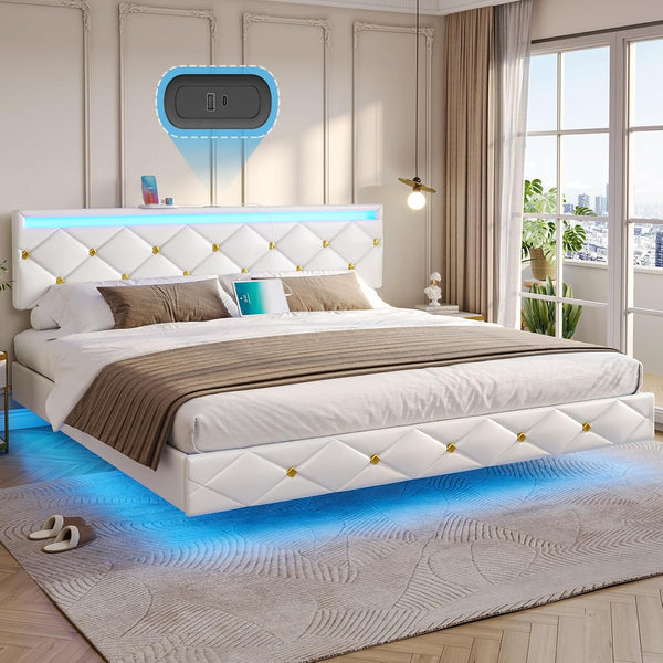 Hasuit Base de cama flotante tamaño King con luces LED y estación de carga,...