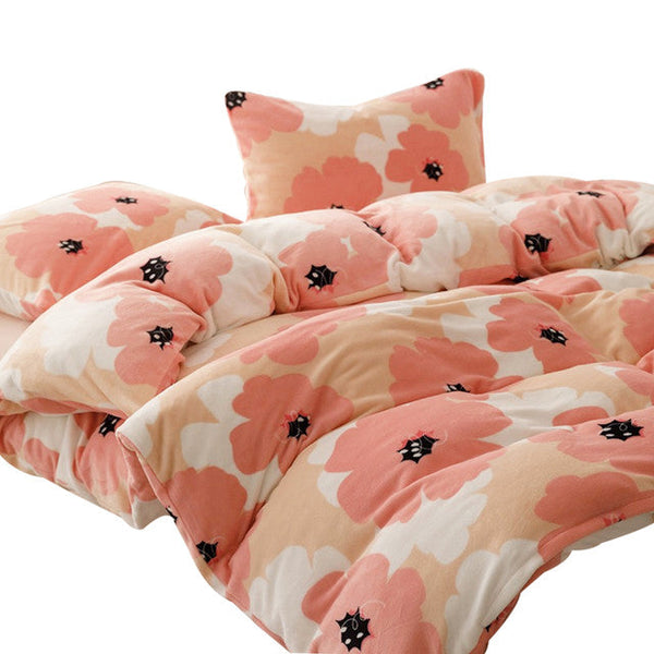 Duvet Digital De Franela Con Estampado Flores Rosas Doble + Sábana Plana