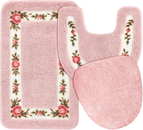 Juego de 3 alfombras de baño de coqueta rosa, decoración de baño, diseño floral...