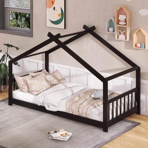 Harper & Bright Designs Cama de casa para niños, cama individual de madera con...