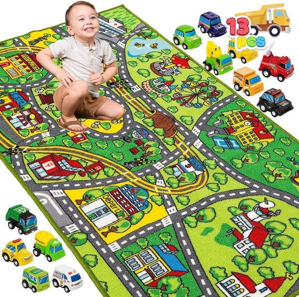 JOYIN Alfombra de juego con 12 coches de tracción trasera para niños a partir...