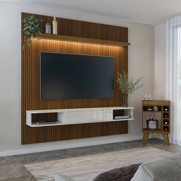 Combo panel mueble TV 75" y Mueble Bar en MDP Pino con blanco