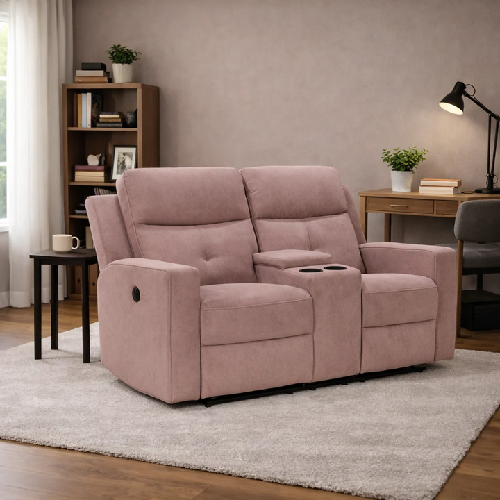 Sofa Reclinable con consola 2 Puestos Tela Khaki Tacio – EBANI