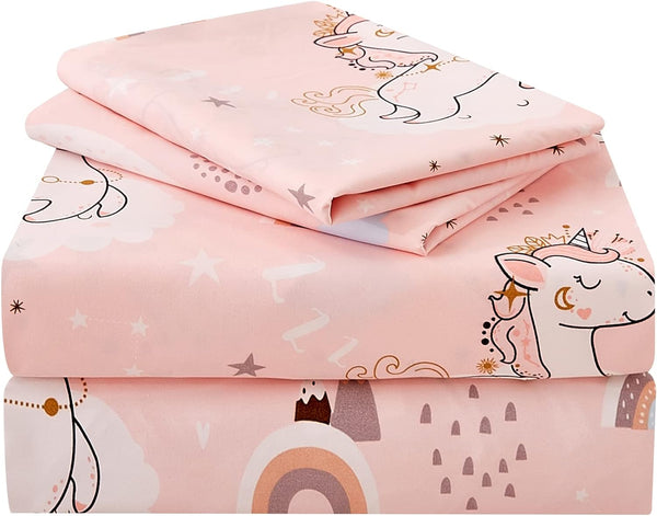 Juego de sábanas de 3 piezas con diseño de unicornio y luna rosa para niños,