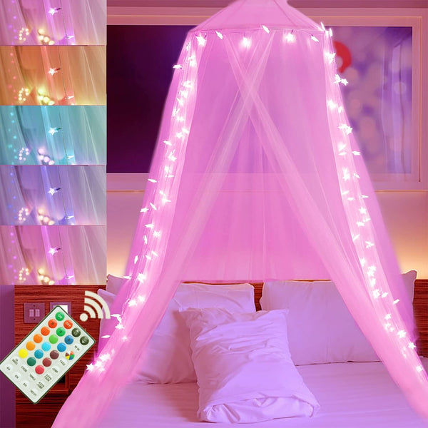 Toldo de cama rosa que cambia de color, 100 luces LED con estrellas, cortinas