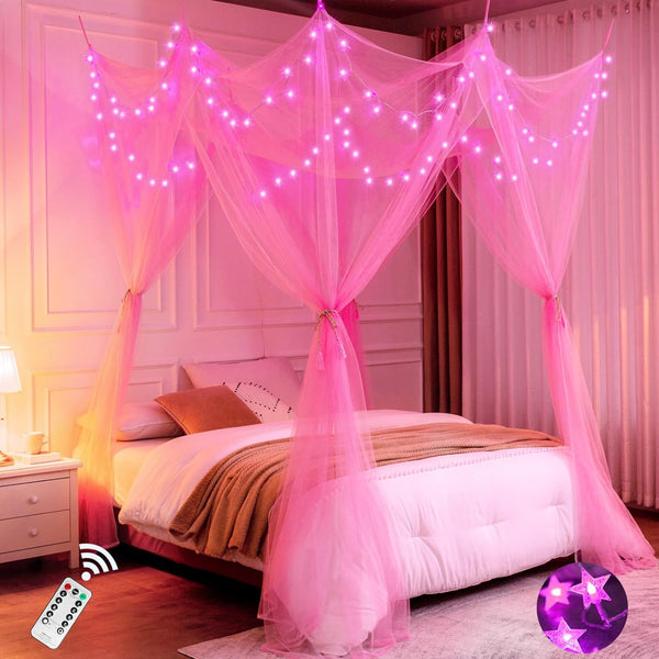 Toldo de cama rosa con luces para niñas, toldo de 8 esquinas con luces LED de
